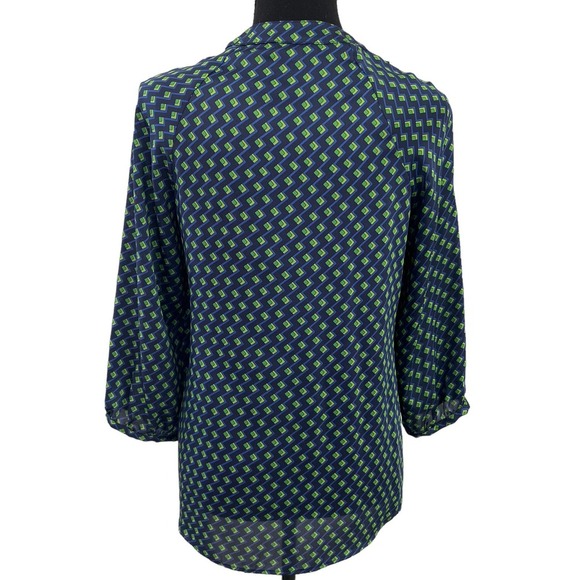 Shoshanna Navy Green Geometric Print Button 3/4 Sleeve Top 0 - Picture 5 of 5